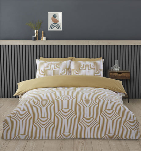 Close-up of the soft, cosy fabric of the Arches Duvet Set with a contemporary design in neutral tones
