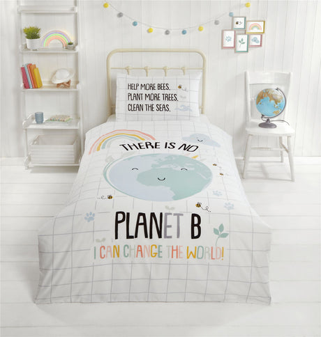 Sustainable cotton and recycled polyester duvet set featuring eco-friendly slogan and colourful reverse design