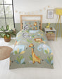 Vibrant jungle-themed children's duvet set featuring giraffes, zebras, and elephants in light brown and green hues