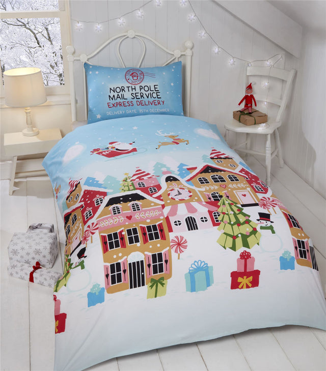 Bright and colourful Gingerbread Town Duvet Set featuring festive gingerbread houses and snowmen