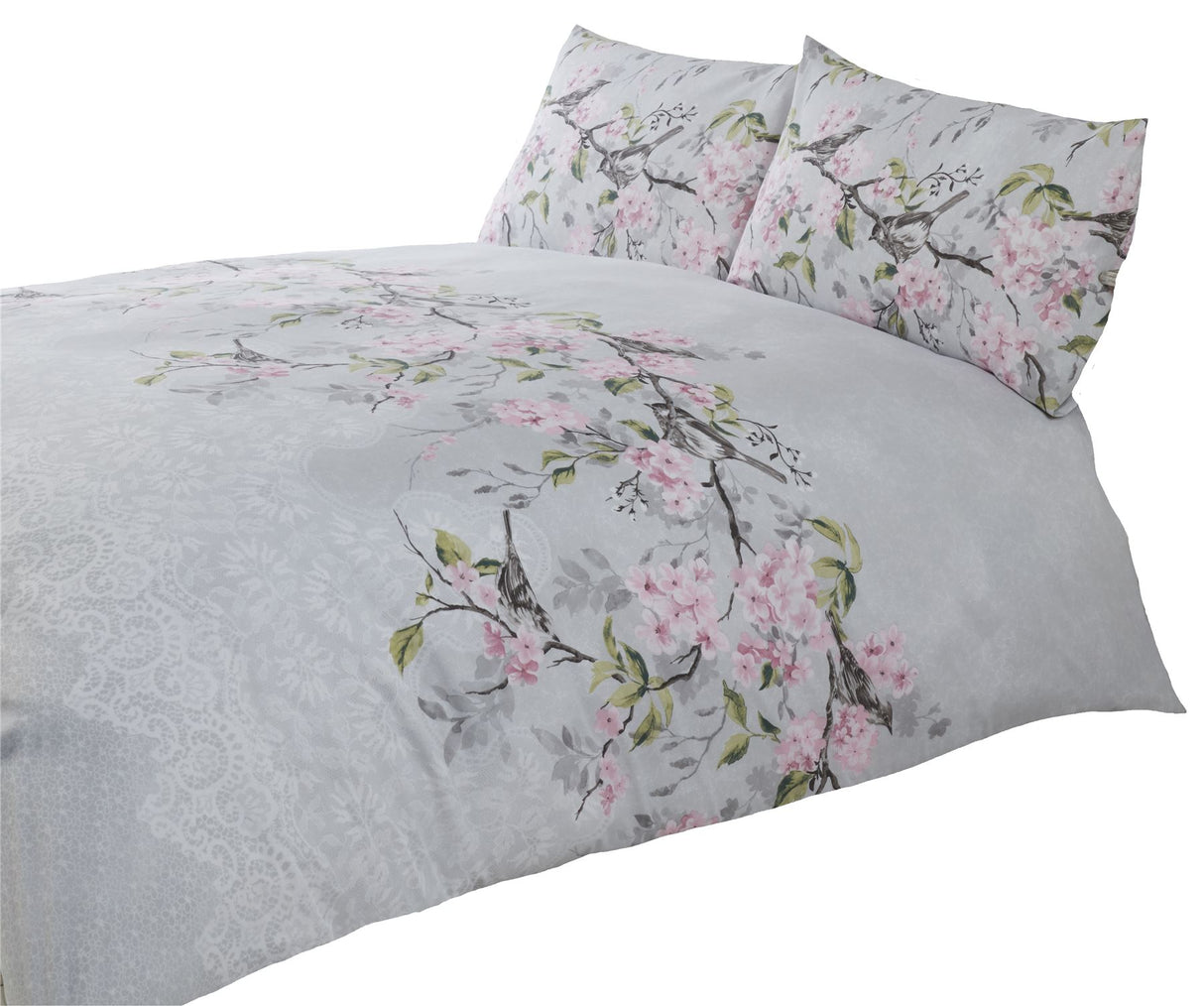 Feminine and refreshing duvet set with floral and bird pattern, available in multiple sizes with matching pillowcases