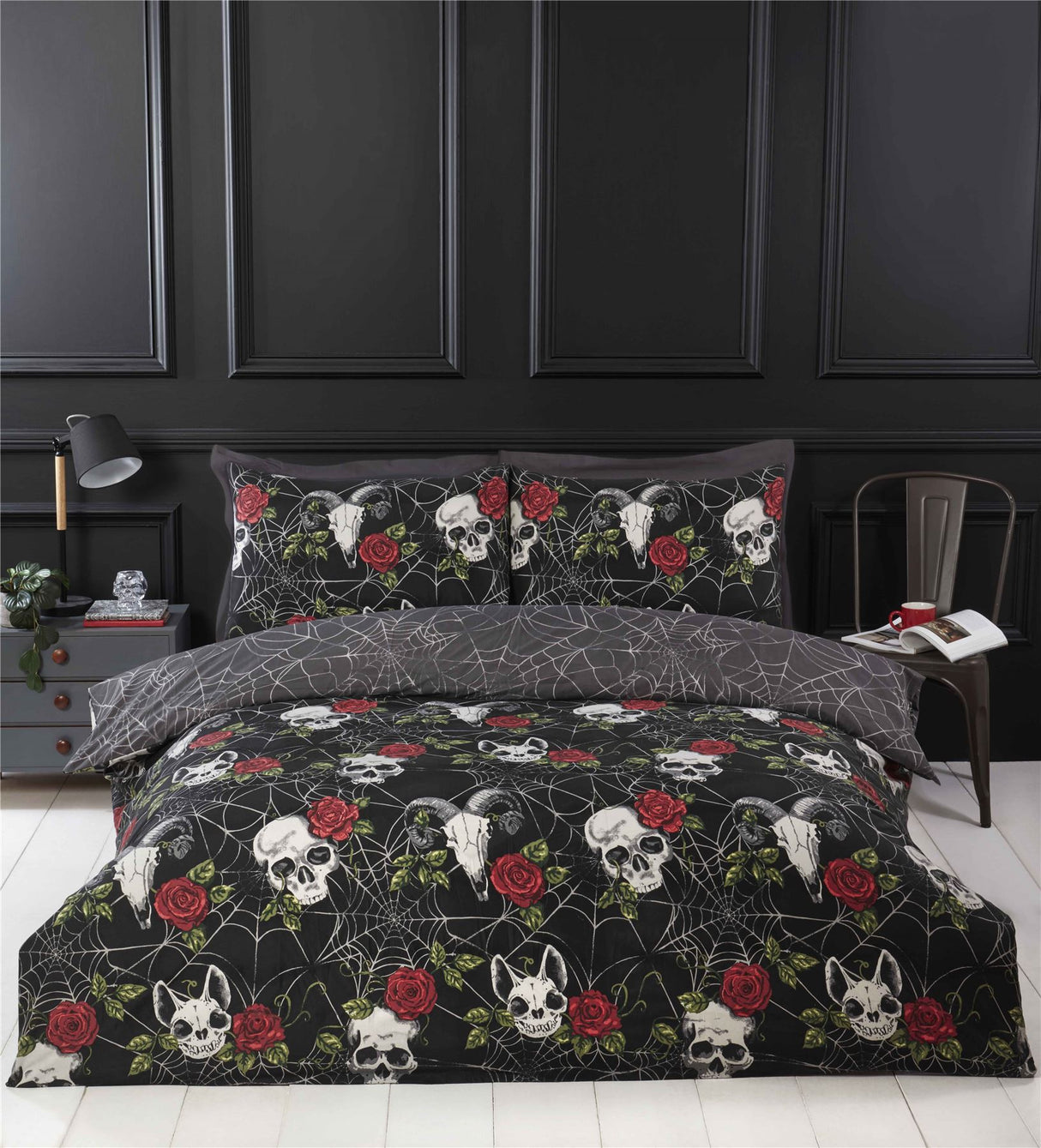 Gothic skulls and crimson roses duvet set featuring spider web designs and reversible fabric