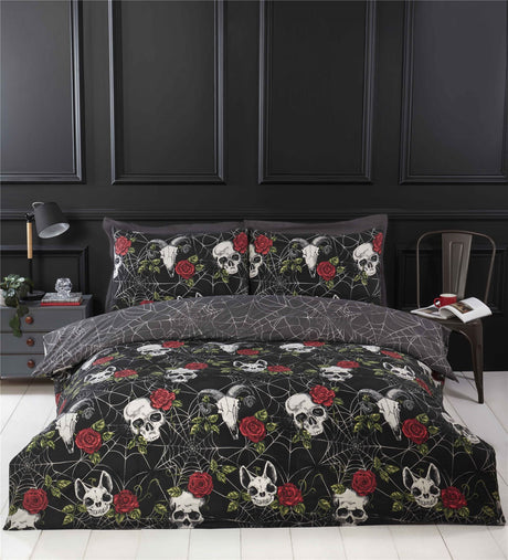 Gothic skulls and crimson roses duvet set featuring spider web designs and reversible fabric