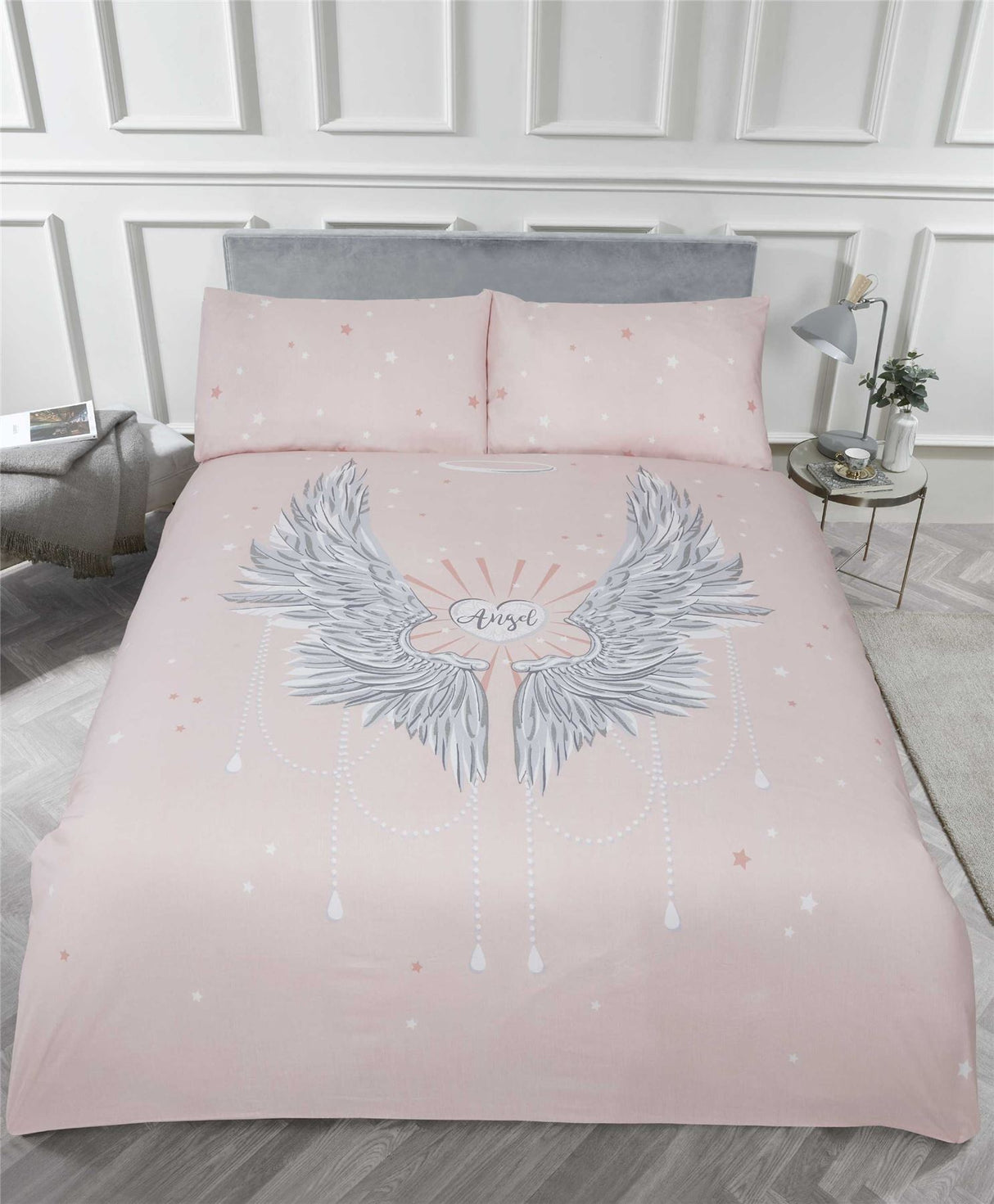 Luxurious angel wings duvet set with foil print detail in contemporary bedroom decor