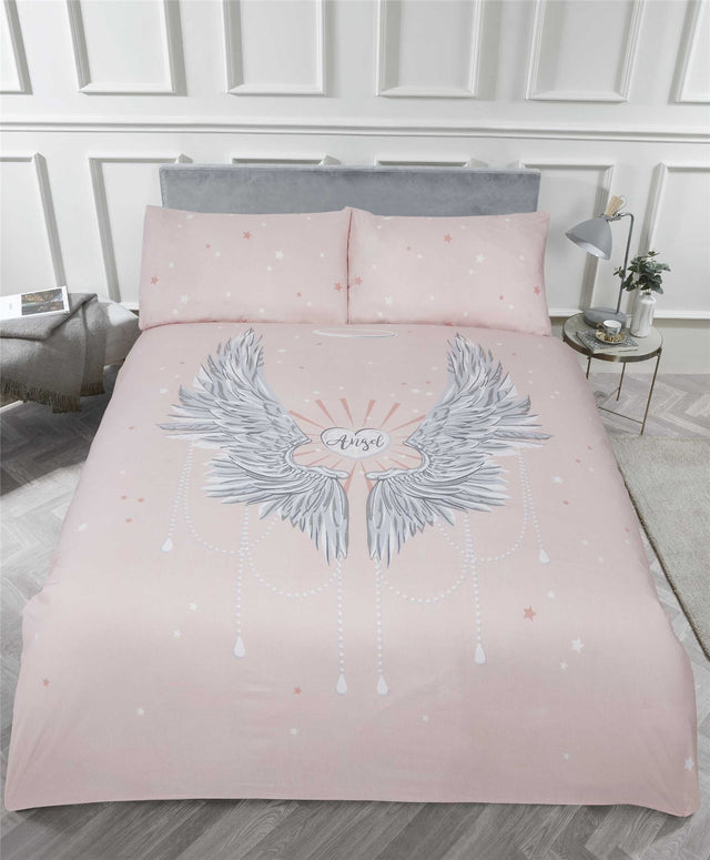 Luxurious angel wings duvet set with foil print detail in contemporary bedroom decor