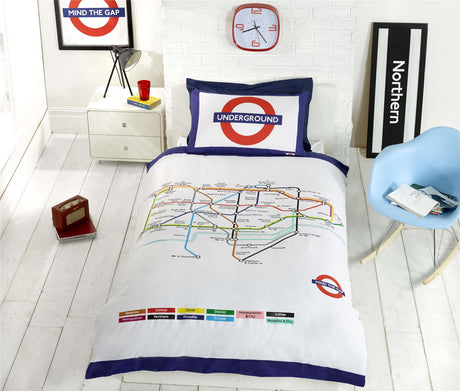 Bright reversible bedding featuring a London Underground Tube map and roundels of different lines, complete with matching pillowcases