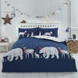 A vivid duvet set illustrating playful polar bears and friends parade under a starry midnight sky with deep blue and inky hues, accented by pops of red, featuring a reversible star print design