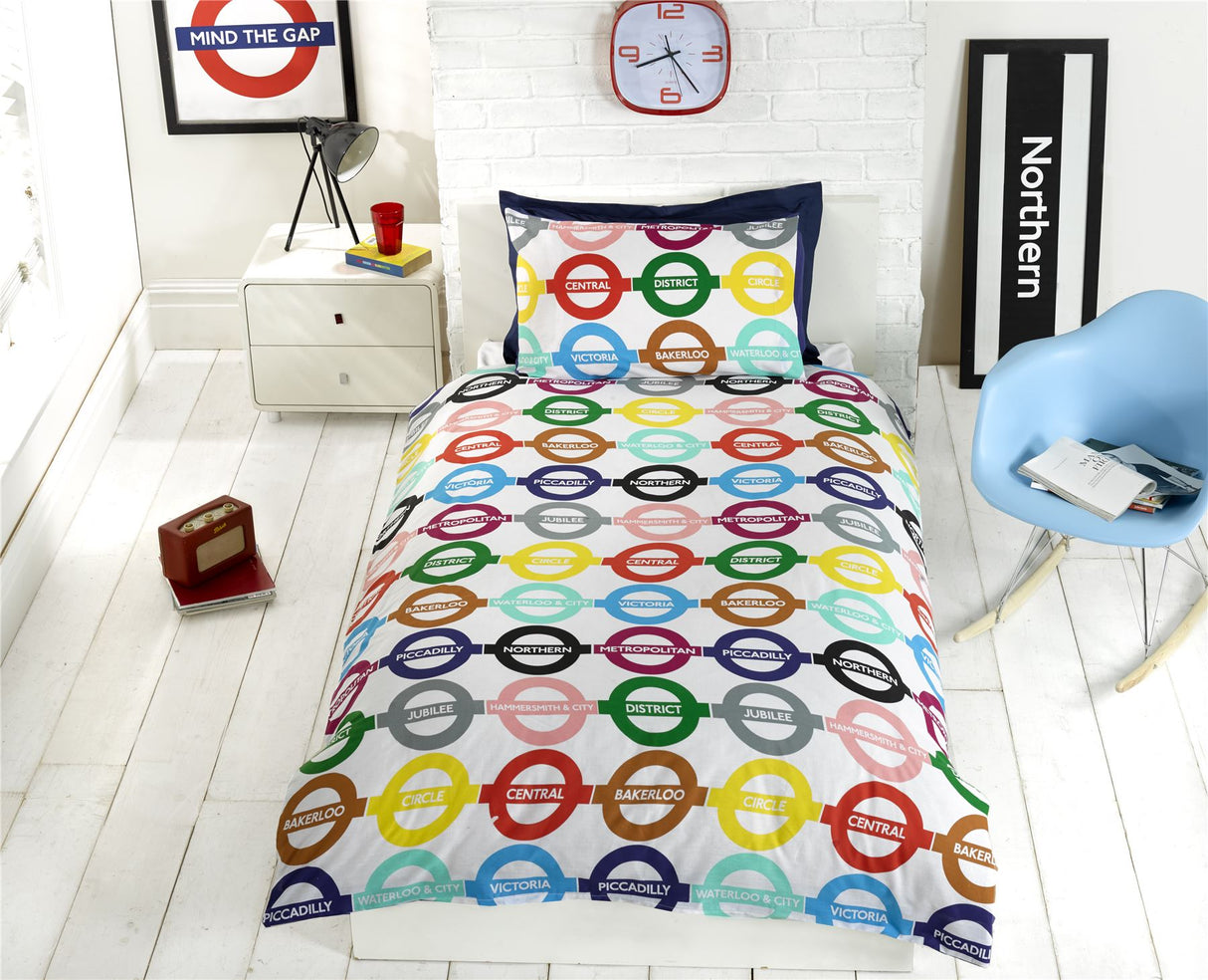 Modern London Underground themed bedding set with a reversible design, perfect for Tube enthusiasts and easy to maintain
