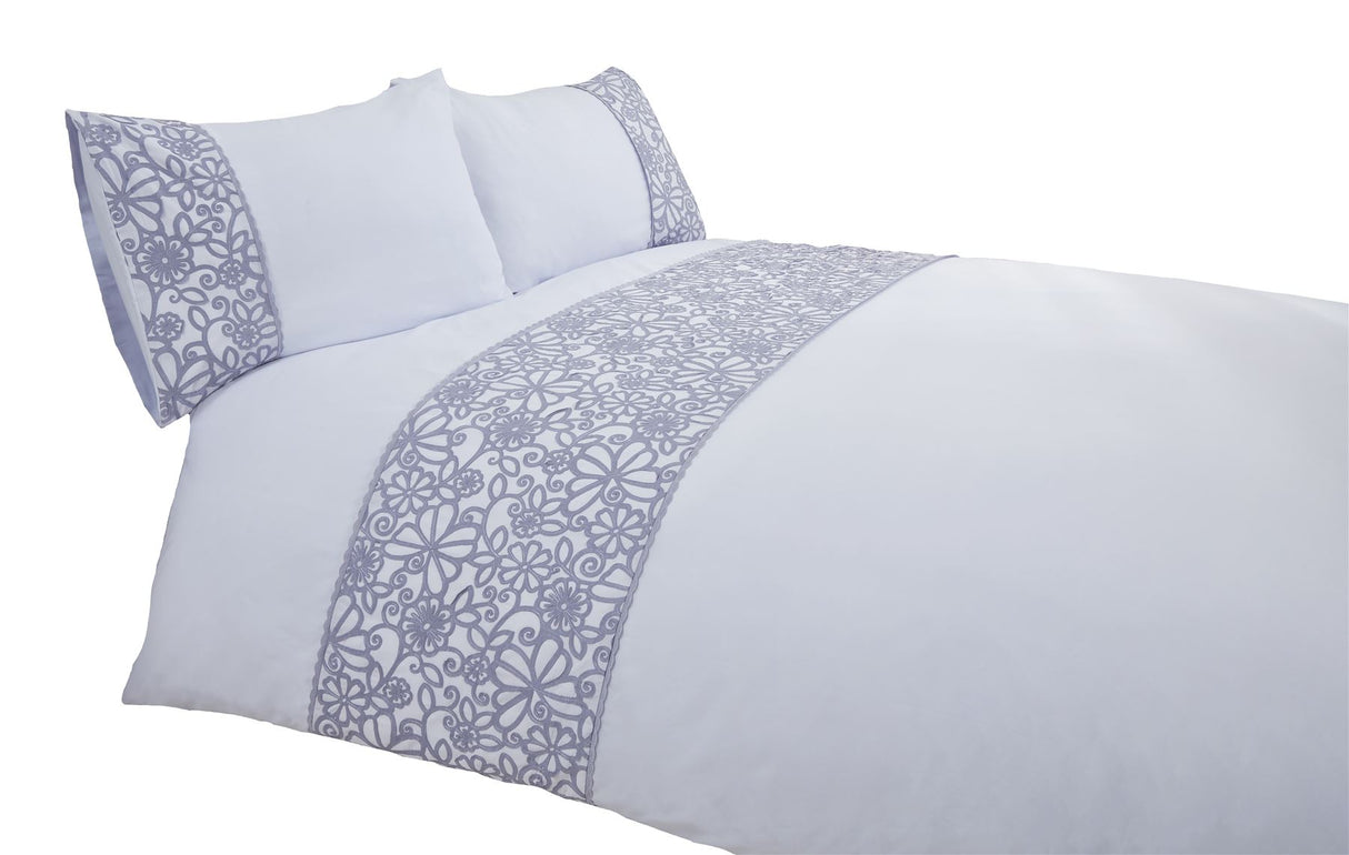 Full view of the butterfly duvet cover with button closure and floral details