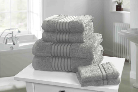Luxurious Windsor Towel featuring plush, absorbent cotton fabric with elegant woven border design for spa and bathroom use