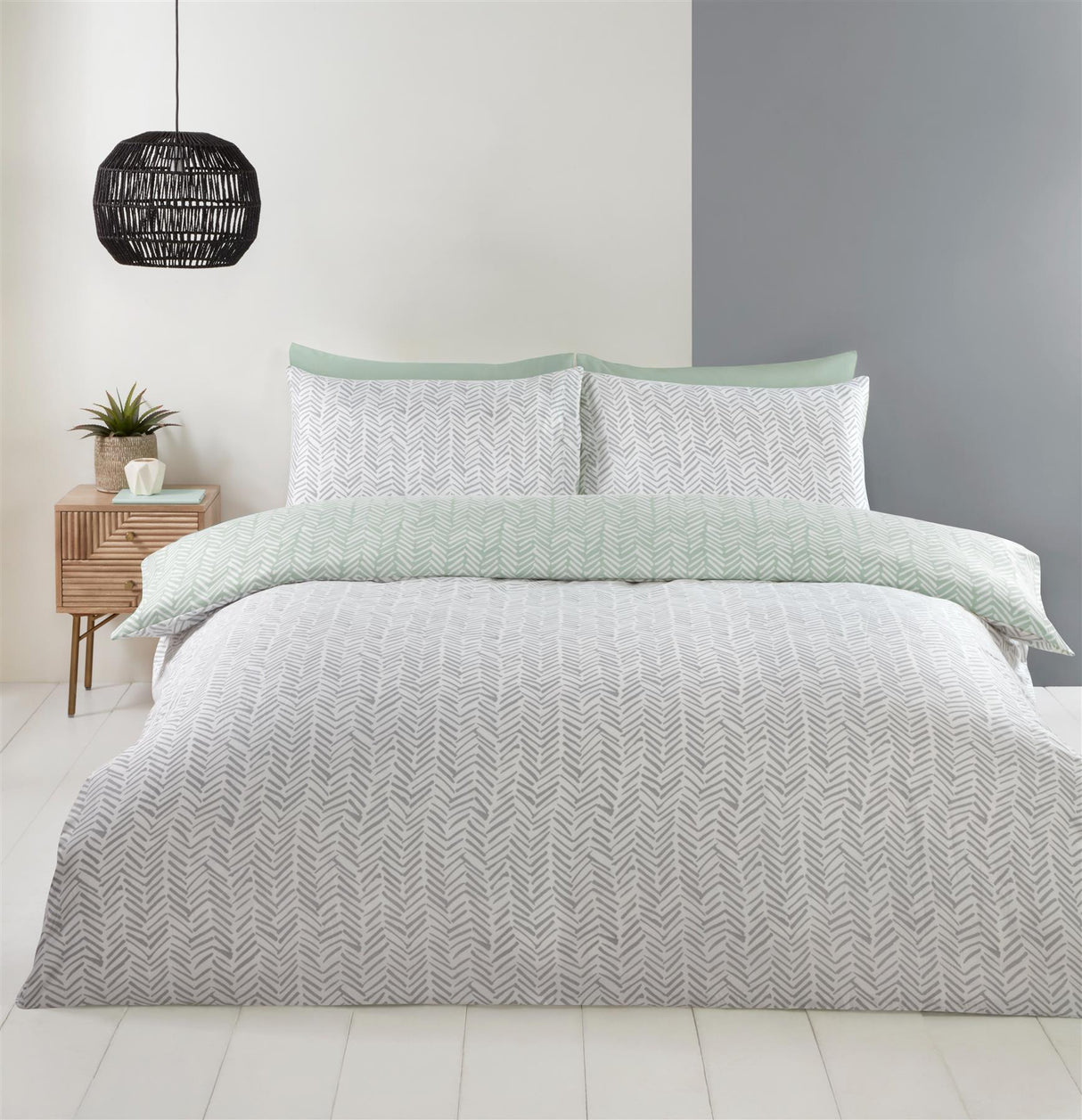 A full view of the Helston Duvet Set on a bed, highlighting its contemporary design and soft texture