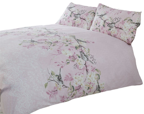Beautiful Eloise Duvet Cover Set with spring-themed floral and bird design, featuring a lace textured border and secure popper fastenings