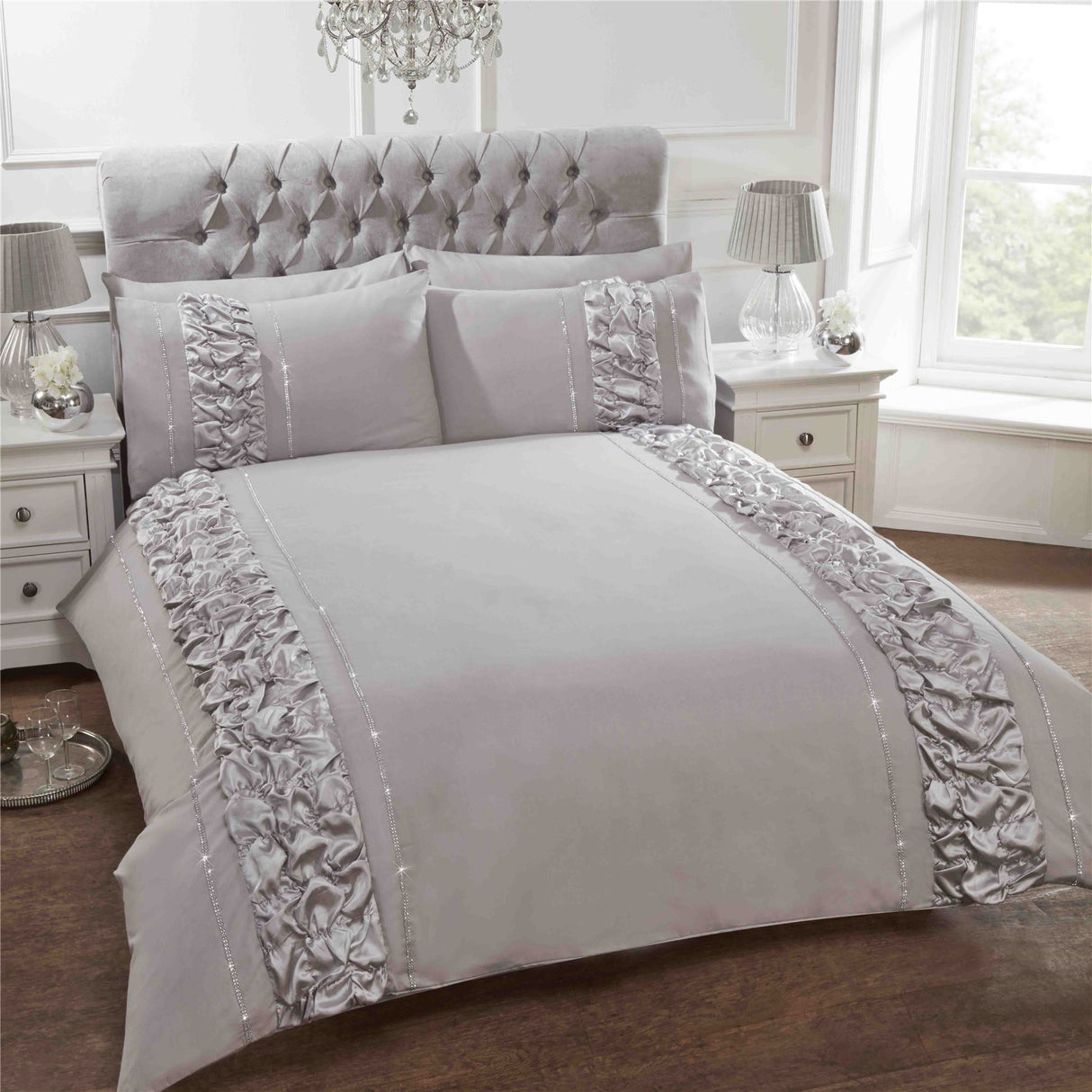 Elegant Provence Duvet Set showcasing intricate ruffle and diamante embellishments on duvet cover and pillowcases, with button fastening for easy use