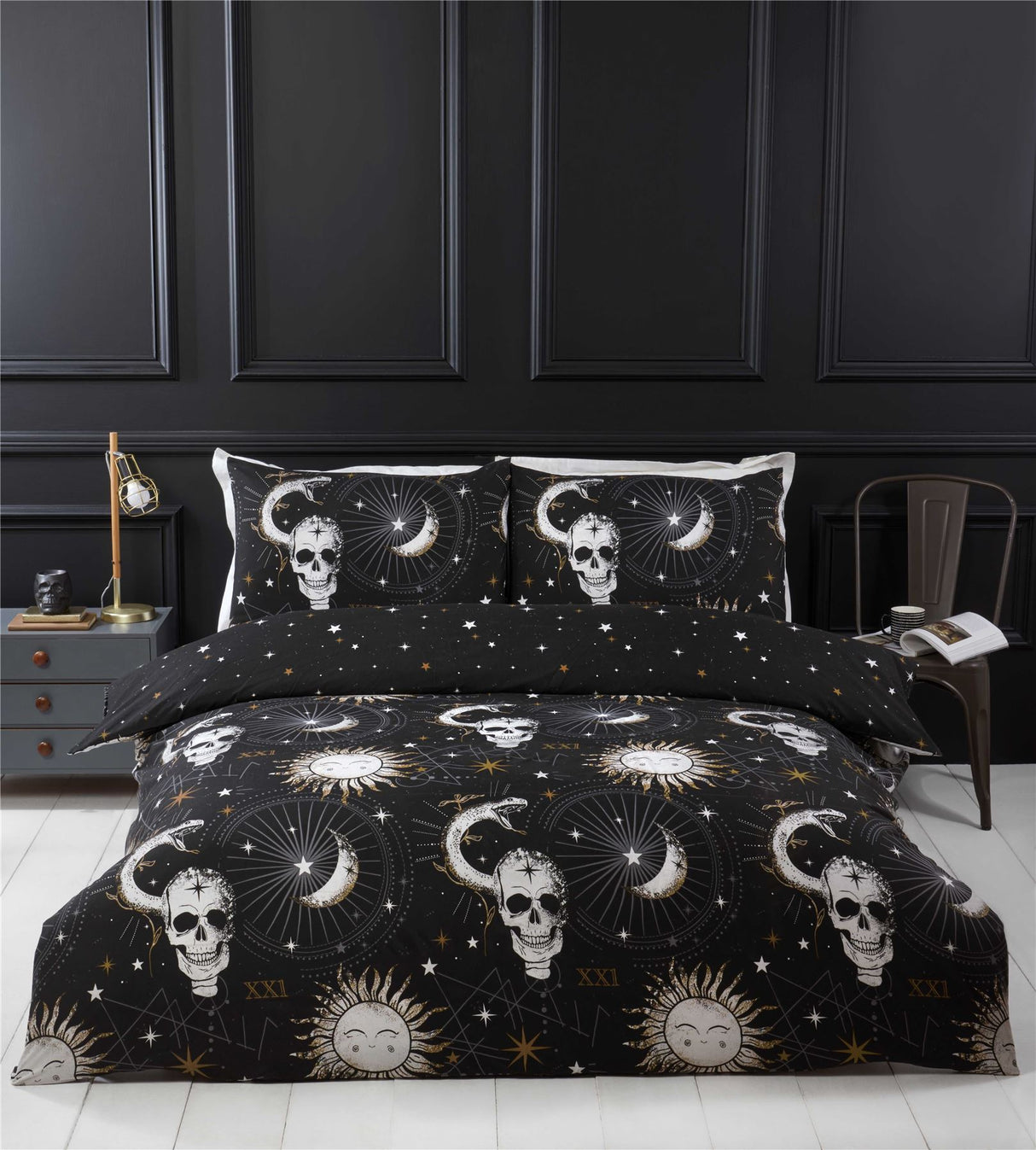 Enchanting Gothic-inspired bedding set featuring skull, sun, and moon motifs, fully reversible with easycare fabric for a mystical bedroom transformation