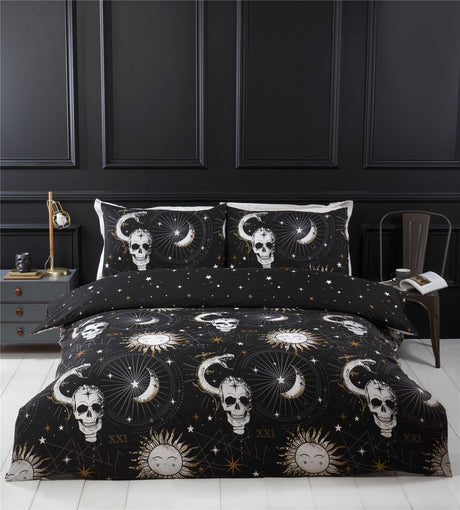 Enchanting Gothic-inspired bedding set featuring skull, sun, and moon motifs, fully reversible with easycare fabric for a mystical bedroom transformation
