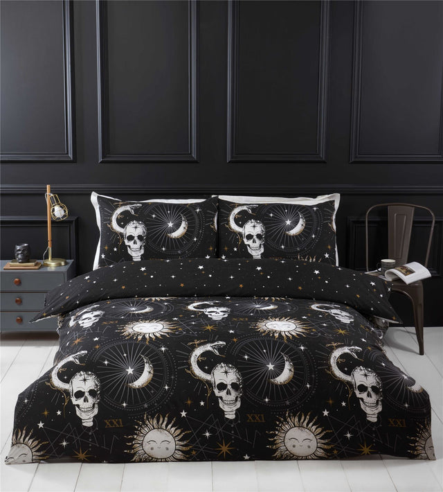 Enchanting Gothic-inspired bedding set featuring skull, sun, and moon motifs, fully reversible with easycare fabric for a mystical bedroom transformation