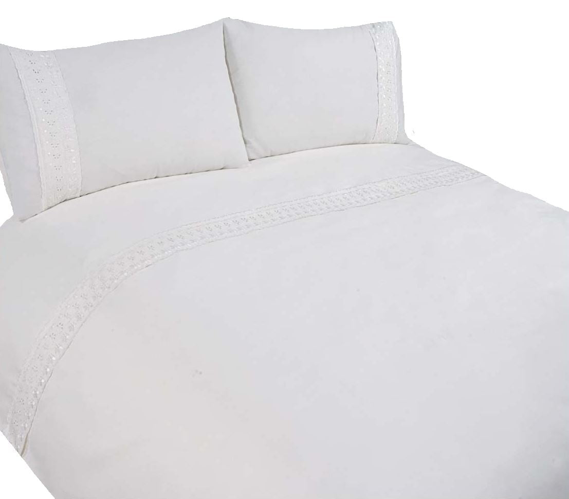 Complete Sorrento Duvet Set with lace detail on duvet header and pillowcases, includes superking size duvet cover and two matching pillowcases
