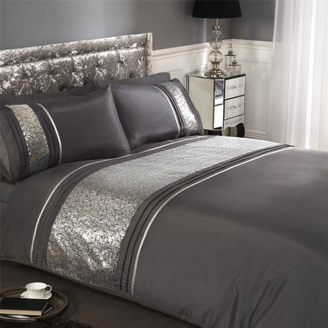 Luxurious Ritz Duvet Set featuring embellished silver sequined panel on duvet cover and pillowcases