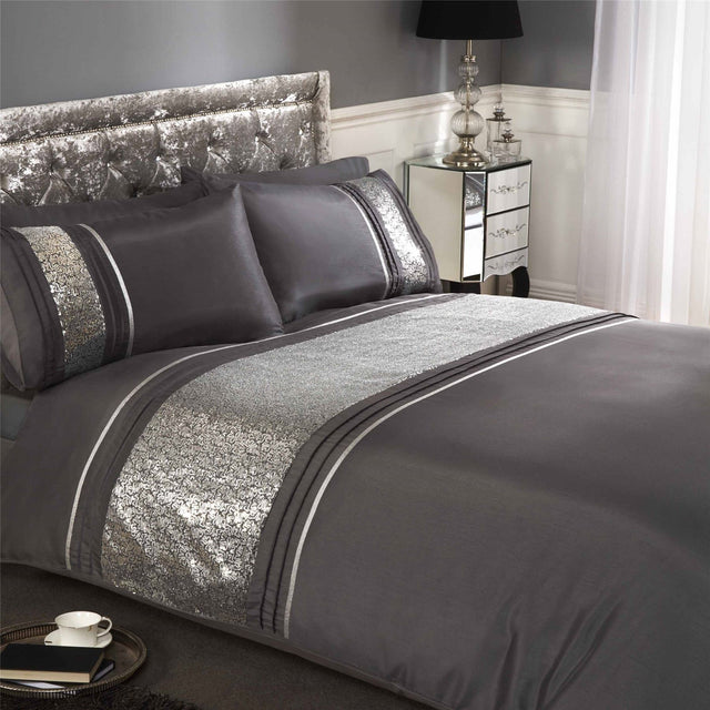 Luxurious Ritz Duvet Set featuring embellished silver sequined panel on duvet cover and pillowcases