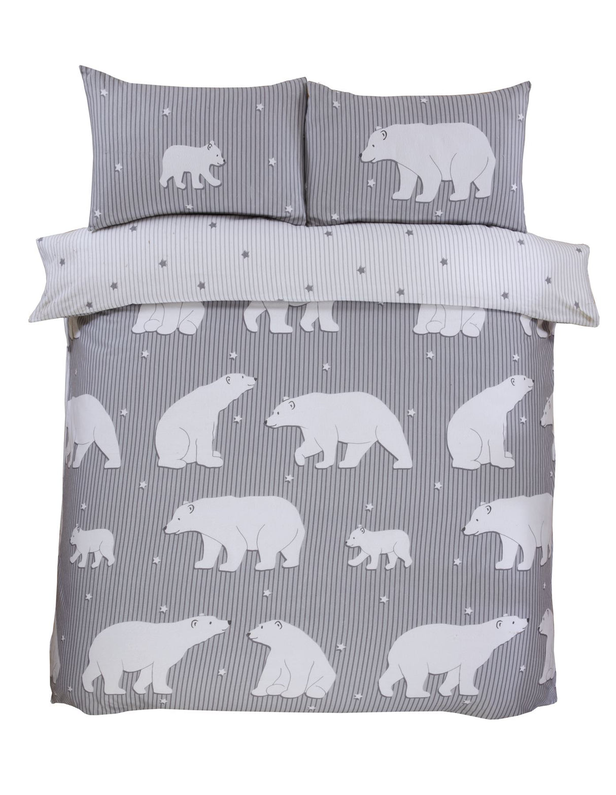 Double size pink duvet cover decorated with polar bears and striped star background, complete with matching pillowcases