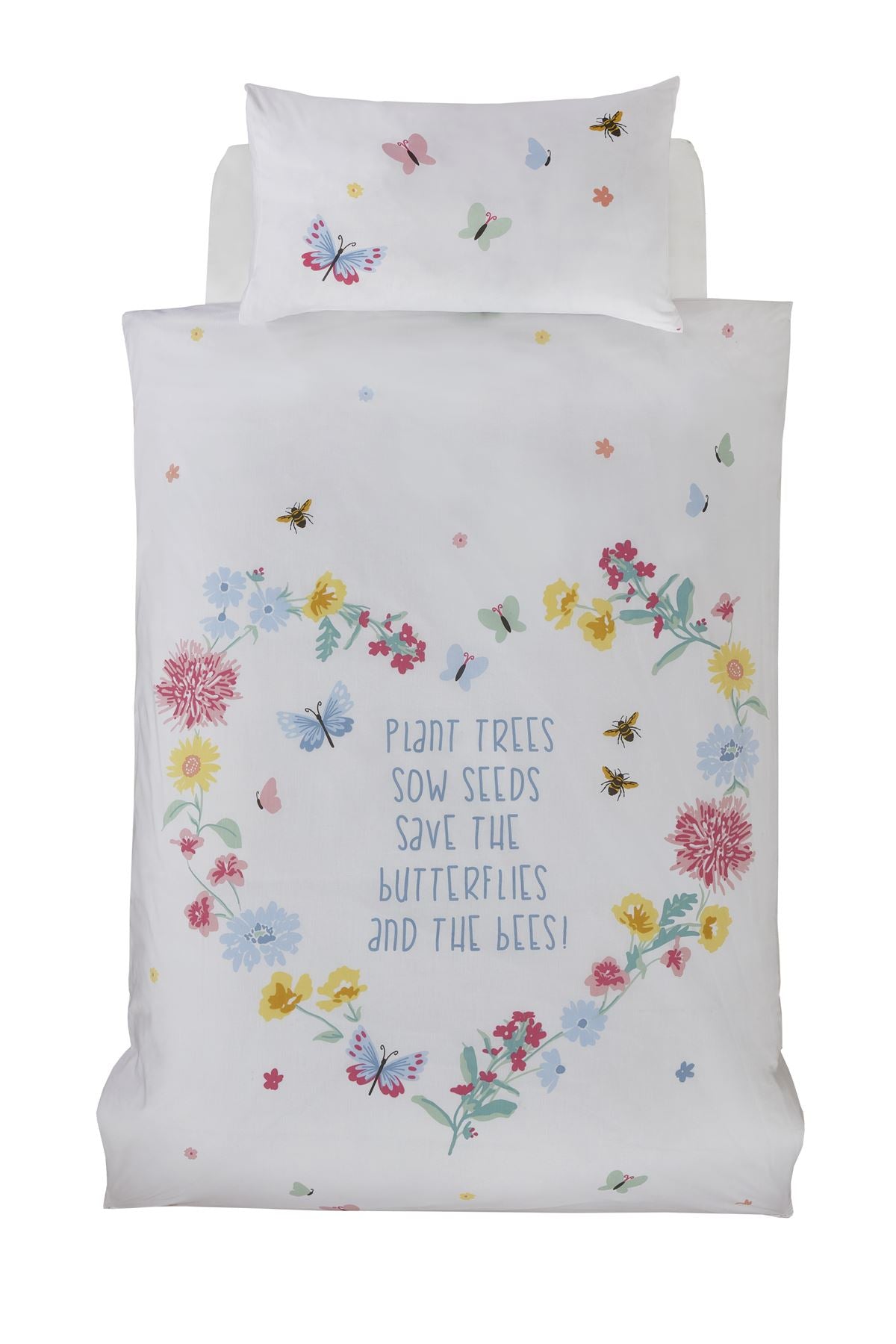 Close-up of the Happy Home sustainable duvet set showcasing bees and butterflies printed on soft cotton fabric