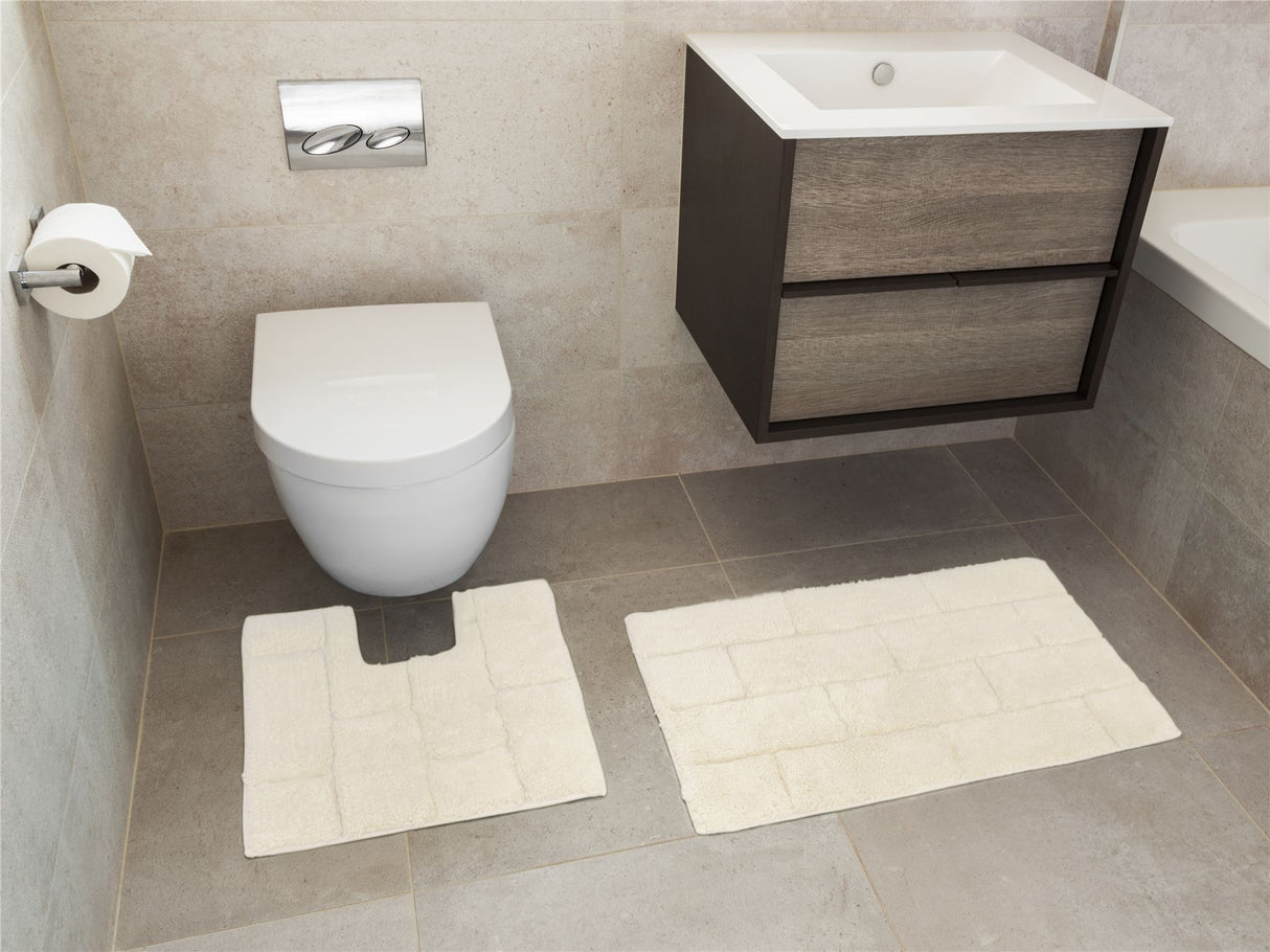 Elegant 2-piece cotton bath mat set, including a spacious bath mat and a pedestal mat, designed for practicality and style in any bathroom setting