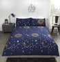 Reversible celestial duvet cover with metallic sun and moon motifs on dark fabric, includes matching pillowcases
