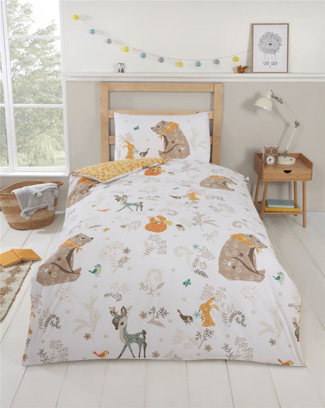 Charming woodland animals and foliage design on reversible duvet set in soft colours