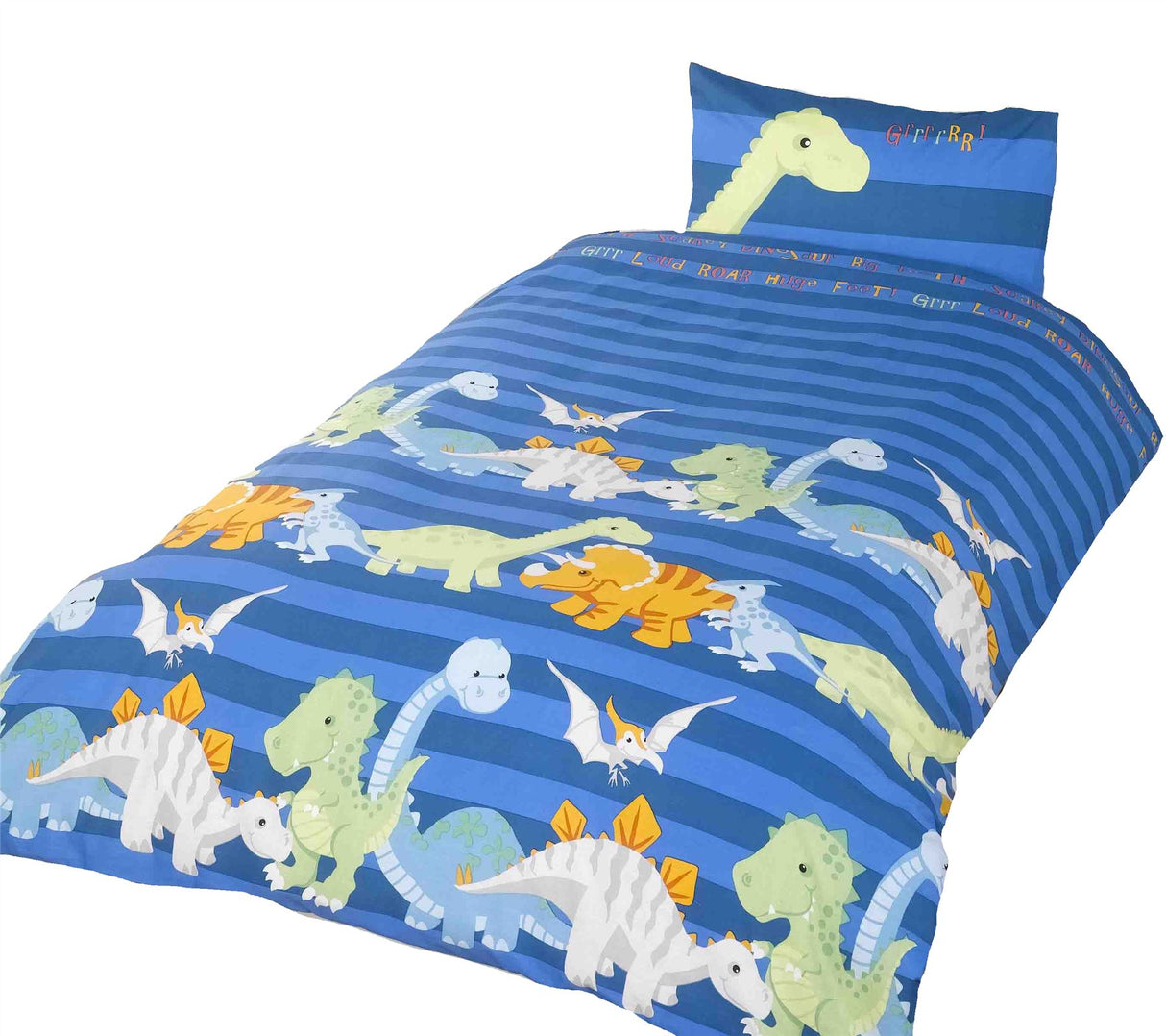 Easycare fabric duvet cover with popper closing mechanism showcasing joyful Jurassic dinosaurs on a classic blue striped background