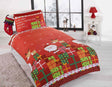 A festive red duvet cover featuring Santa, reindeer, and presents with popper closures for children’s bedrooms