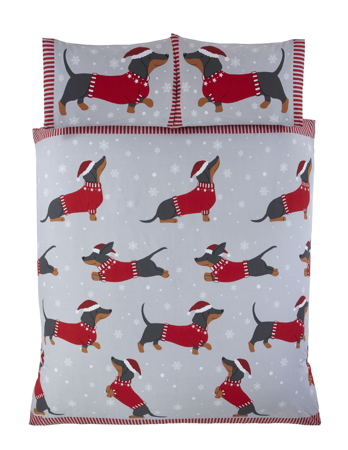 Close-up of the novelty duvet design with a sausage dog in festive winter attire on a grey background with snowflakes