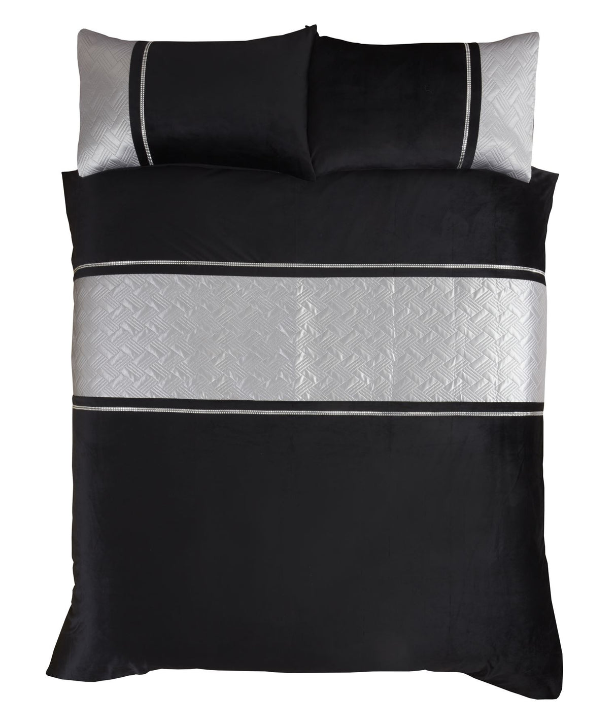 Black velvet Capri duvet cover with button closure, gold band, and diamante sparkle trim