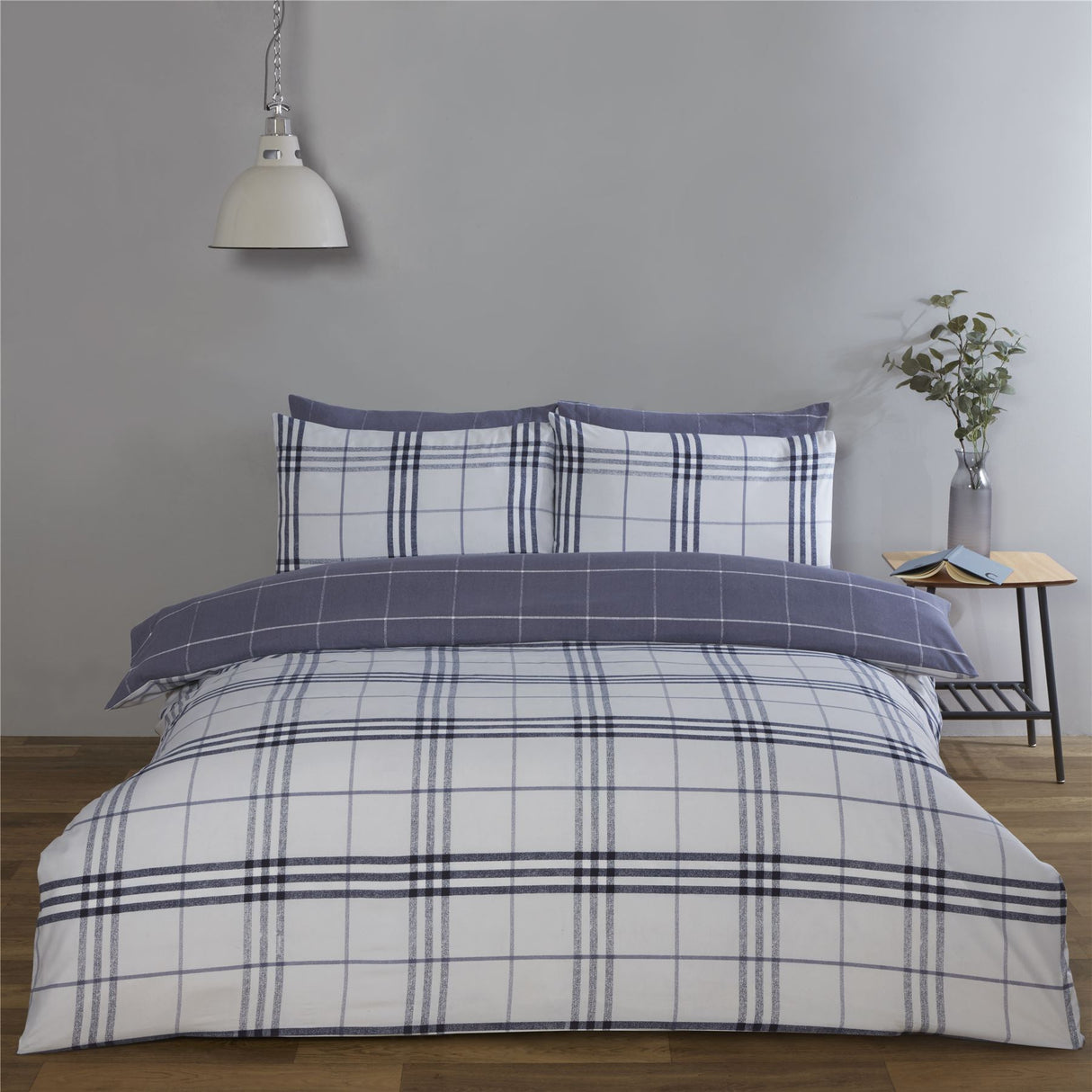 Luxurious Harris Check Duvet Set featuring a classic blue check pattern and contrasting reverse