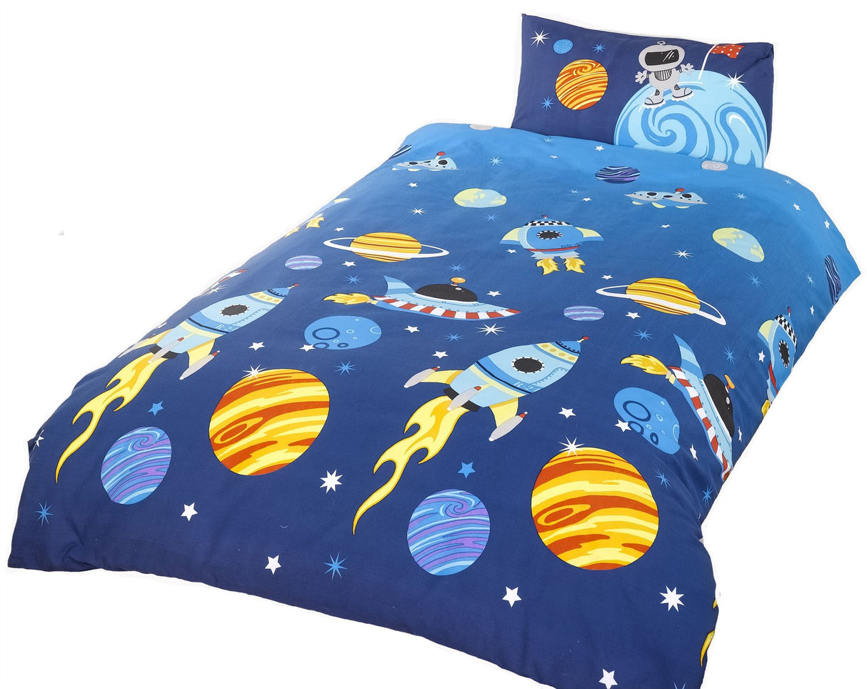 A matching pillowcase displaying an astronaut standing on the moon, complementing the fun space scene on the Rockets Duvet Set
