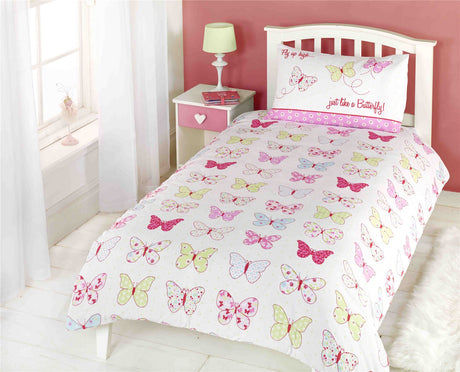 A colourful Fly Up High Duvet Set featuring butterfly designs in red, green, blue, and pink on a white background with green polka dots, including pillowcases with the phrase fly up high, just like a butterfly, designed for toddlers and single beds with popper closures