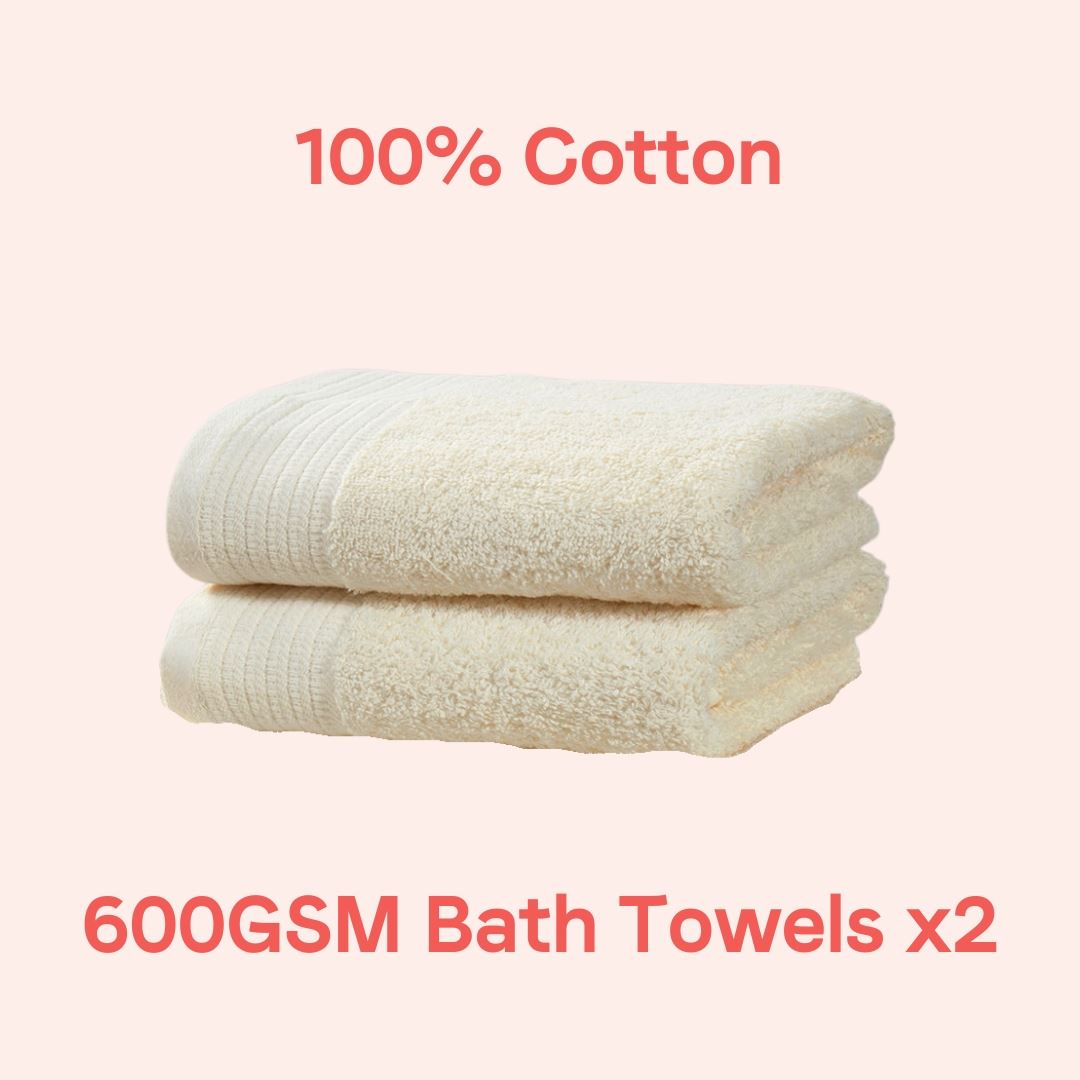 Soft and absorbent 600GSM cotton bath towels included for a plush and quick-drying bathing experience