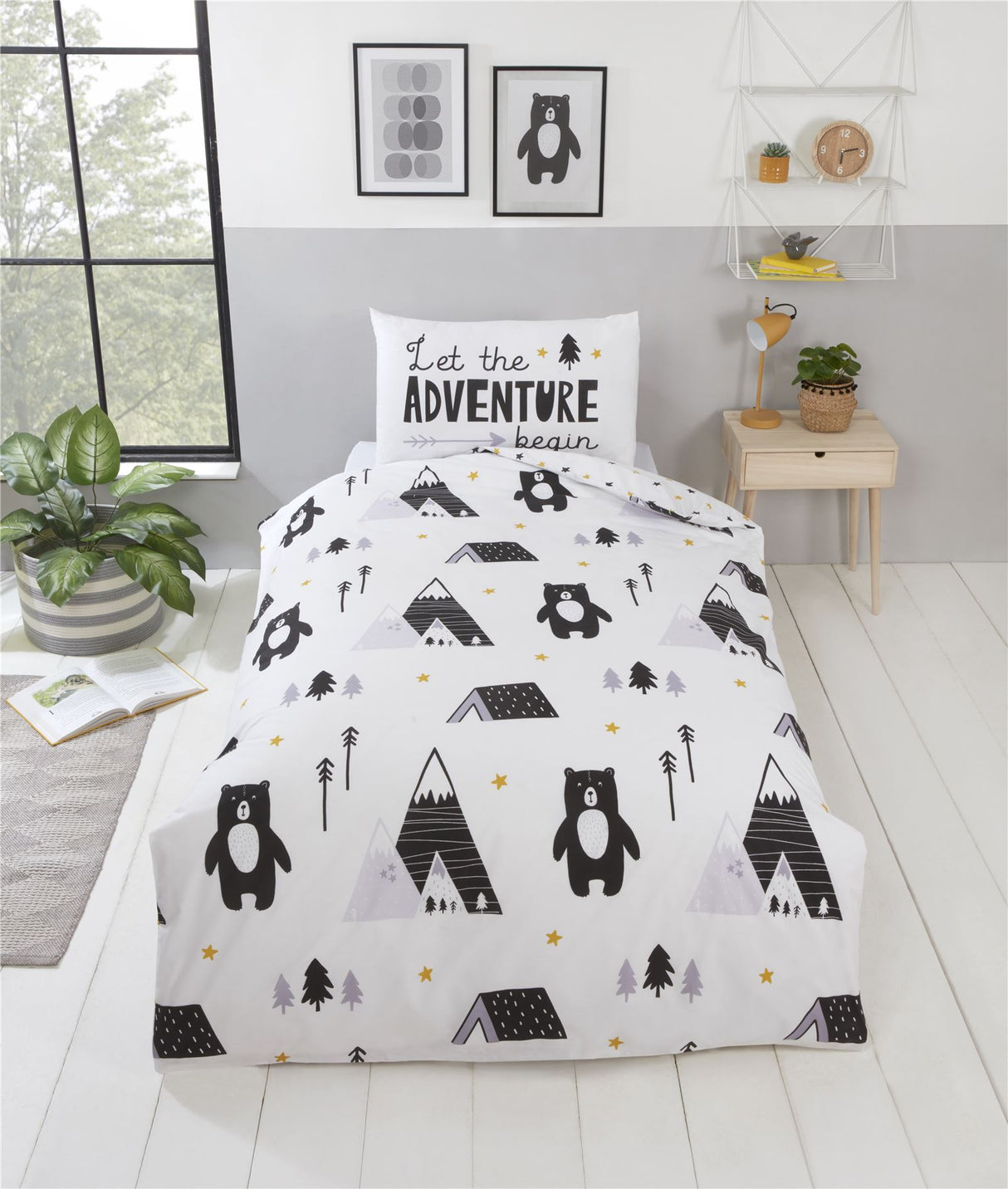 Stylish Scandinavian-inspired bear and forest themed bedding set with reversible design for toddlers and singles