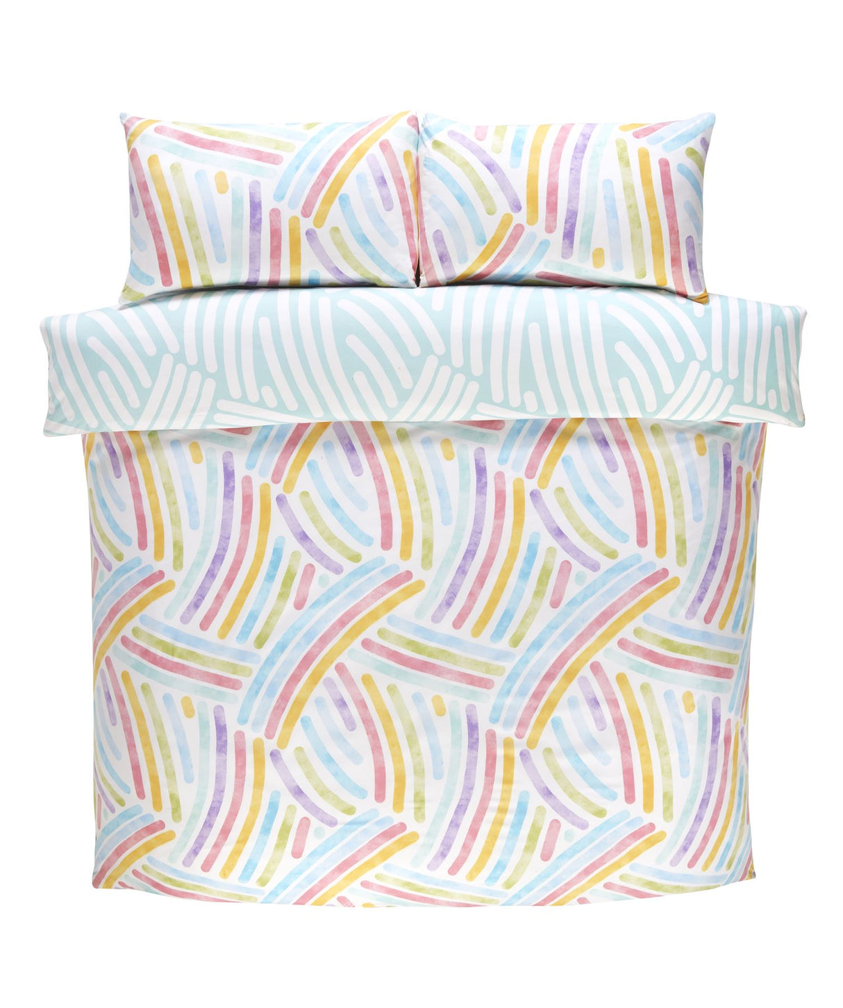 Close-up of the all-over rainbow print on the Art Duvet Set showing smooth, durable microfibre fabric with popper closure