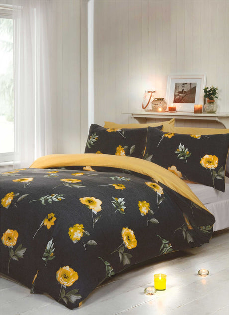 Elegant Darcy Duvet Set featuring watercolour painted flowers on a simple linen-like grey background with a charming printed reverse