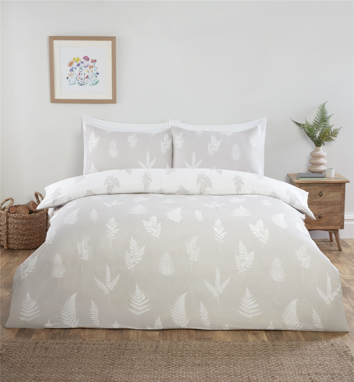 Complete bedroom bedding set featuring fern leaf design, includes duvet cover, fitted sheet, and pillowcases in matching print