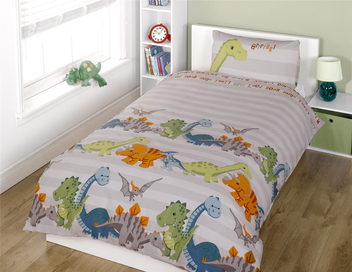 Child's duvet cover with fun dinosaur print and matching pillowcases in various sizes for toddler, single, and double beds