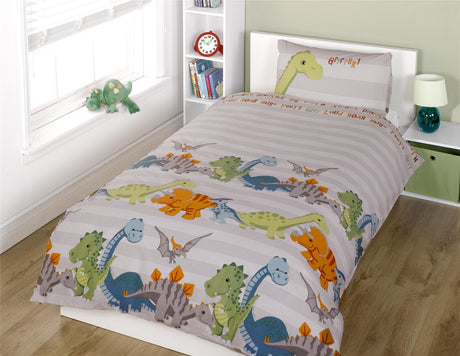 Child's duvet cover with fun dinosaur print and matching pillowcases in various sizes for toddler, single, and double beds