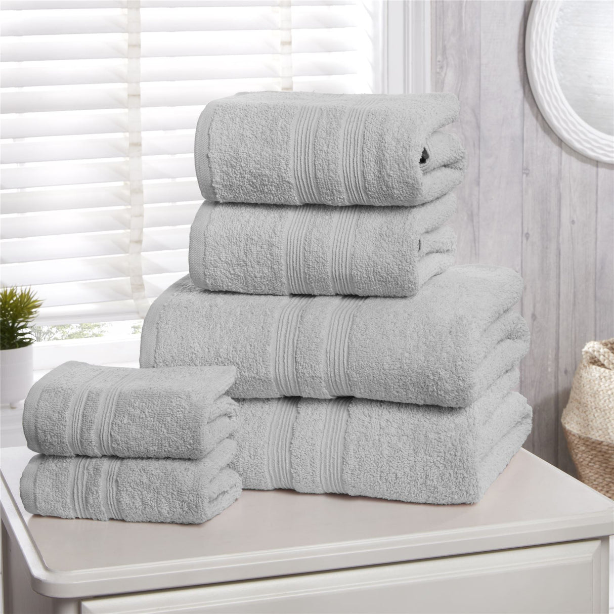 Complete set of Camden towels including face cloths, hand towels, bath towels, and bath sheets, all made from luxurious combed cotton