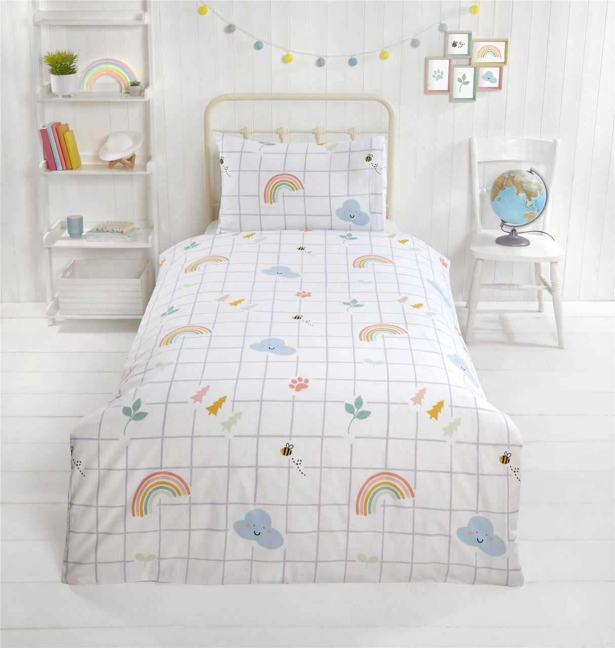 Decorative side of the Happy Home duvet set showing bees and rainbows pattern on the reverse side, crafted from eco-friendly materials