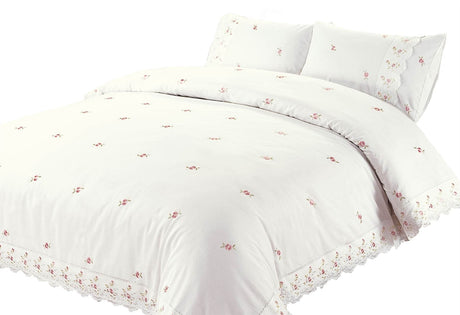 Full view of double-sized Sophie Duvet Set with floral embroidery and lace accents