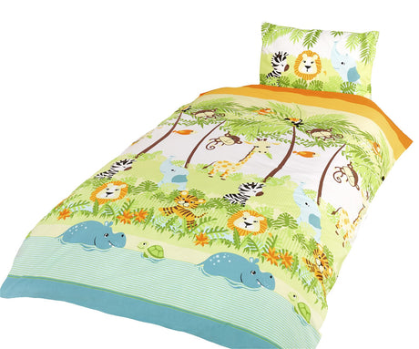 Bright and playful jungle themed duvet cover with fun animal illustrations including lions, zebras, giraffes and monkeys perfect for children's bedrooms
