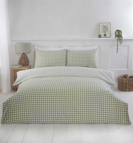 A classic white and checkered Gingham Check Duvet Set displayed on a bed