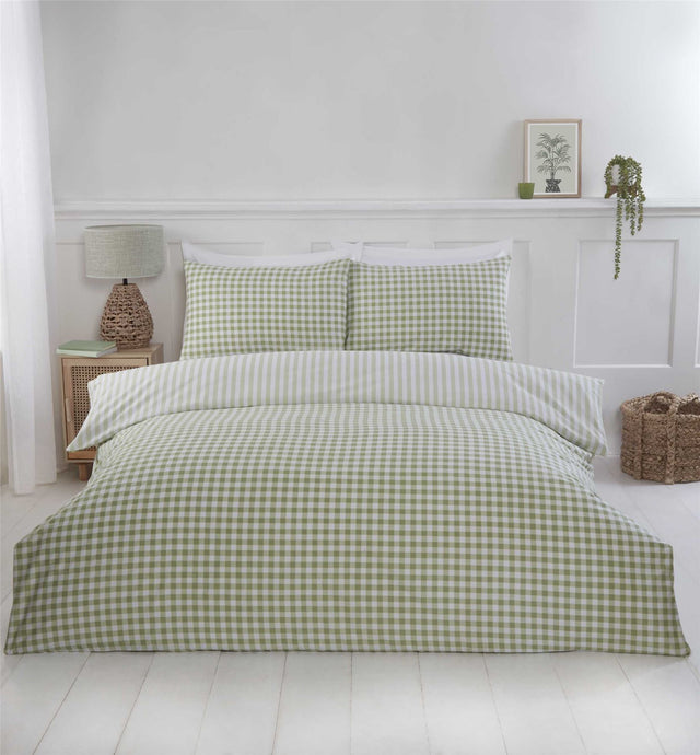 A classic white and checkered Gingham Check Duvet Set displayed on a bed