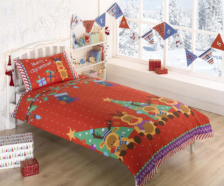 A colourful Rudolf Reindeer Kids Duvet Set featuring a playful reindeer design on a vibrant red background, perfect for festive bedrooms