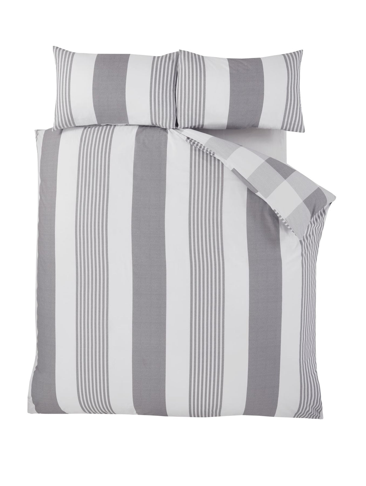 Double size duvet set showcasing the stylish stripe front and check reverse, includes two matching pillowcases
